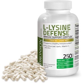 Bronson L-Lysine Defense Immune Support Complex 1500 MG L-Lysine Plus Olive Leaf, Garlic, Vitamin C and Zinc - Non-GMO, 250 Vegetarian Capsules