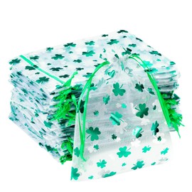 100Pcs Shamrock Printed Patrick's Day Bags Organza Bags Gift Jewelry Pouches for Patrick's Day 5x7Inch (100)