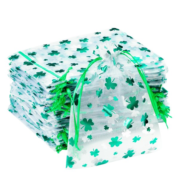 100Pcs Shamrock Printed Patrick's Day Bags Organza Bags Gift Jewelry