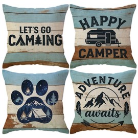 ULOVE LOVE YOURSELF Camping Throw Pillow Covers 4Pack Adventure Awaits Decorative Pillowcases Happy Campers Cushion Covers 18 X 18 Inch for Camper, Cabin Home Decor(Blue/Brown)