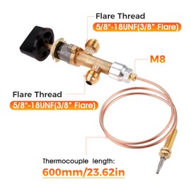 Low Pressure LPG Propane Gas Fireplace Fire Pit Flame Failure Safety Control Valve Thermocouple Kit with 3/8" Flare (5/8” - 18UNEF) Inlet & Outlet, Gas Fireplace Control Valve for Fire Pit, Gas Grill,