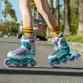 SUPER YOUNGSTER Girls Inline Skates for Boys Kids Ages 4-12, Adjustable Light Up Roller Skates for Youth Teens Ages 8-12, Beginner Blades for Women Adults