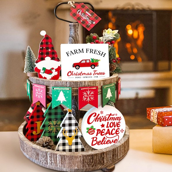13Pieces Christmas Tiered Tray Decor,Believe Merry Christmas Wooden Signs&Buffalo Plaid