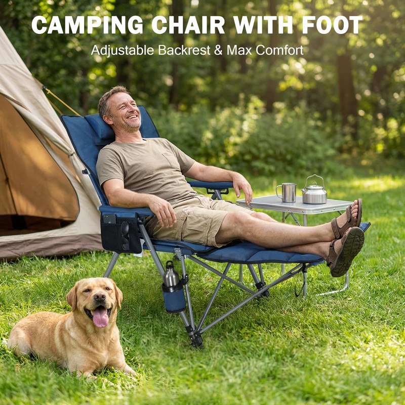 Folding Reclining Camp Chair with Footstool for Camp, Picnic, Lawn,