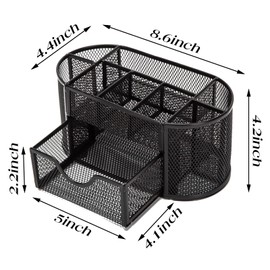Mesh Pen Holder, Desk Organizer for Desk Pencil Holder with 8 Compartments and 1 Drawer Desk Supplies for Office Home 1 PC