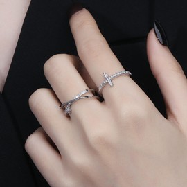 Stocking Stuffers Holiday Outfits for Women 2024 Cross Rings for Women Silver Stackable Ring Set Cubic Zirconia Cross Rings Promise Statement Ring Silver Midi Ring Sparkly Rhinestone Knuckle Ring Valentines Day Birthday Gifts for Girls(Style2)
