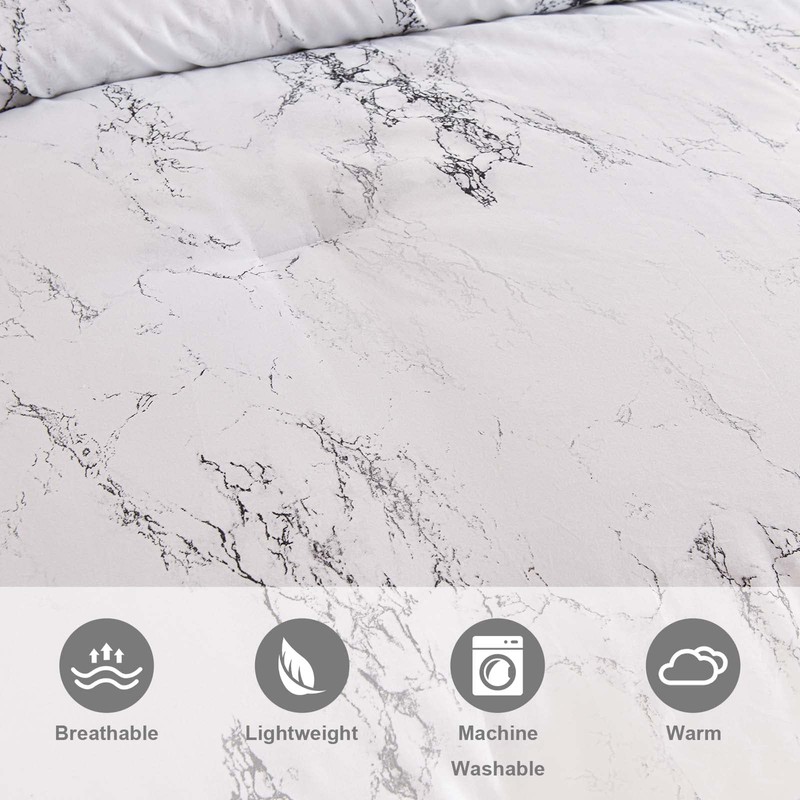 ETDIFFE King Size White Black Marble Comforter Set, 3pc Gray