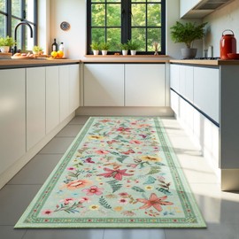 Mejorug 2x6 Hallway Machine Washable Runner Rug, Soft Untra-Thin Low Pile Non-Slip Long Floral Carpet, Stain Resistant Floor Mat for Kitchen Bathroom Farmhouse Entryway Bedroom Beside Laundry, Green