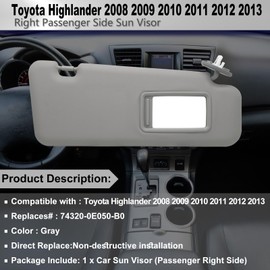 Passenger Right Side Sun Visor Replacement Compatible with Toyota Highlander 2008 2009 2010 2011 2012 2013 Replaces# 74320-0E050-B0 Color Gray