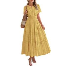BTFBM Womens Summer 2025 Casual Midi Maxi Dresses Lightweight Short Sleeve V Neck Elastic Waist Boho Beach Dress Pockets(Yellow, Large)