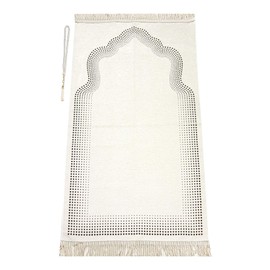 Muslim Prayer Rug with Prayer Beads | Janamaz | Sajadah | Soft Islamic Prayer Rug with Mihrab Design | Islamic Gifts | Prayer Carpet Mat, Chenille Fabric, Cream