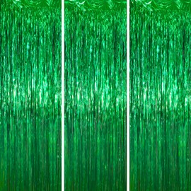 Voircoloria 3 Pack 3.3 x 6.6 ft Green Foil Fringe Backdrop Curtains, Tinsel Streamers Party Decorations, Fringe Backdrop for Birthday, Dinosaur, St Patrick's Day, Soccer, Christmas