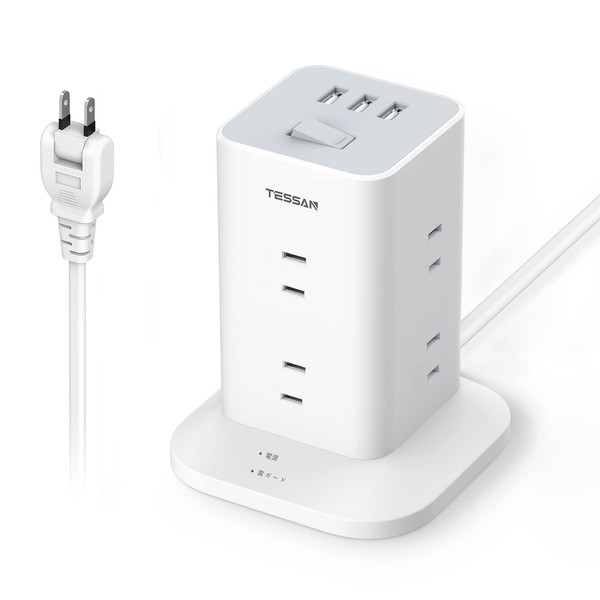 Tessan Power Strip Tower, Mini Model, 9.8 ft. (3 m), Extension Cord, 8 AC Outlets, 3 USB Ports, 180° Swing Plug, Tabletop, Octopus Power Outlet, Lightning Guard
