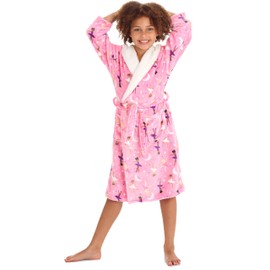 Metzuyan Kids Girls Plush Fleece Dressing Gowns with Sherpa Fleece Hood Lining Novelty Pink Balerina Dancer 9-10 Years