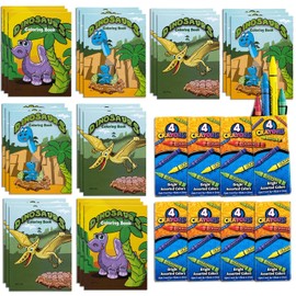 24 Mini Libros para Colorear de Dinosaurios con 32 Crayones Premium (8 Paquetes de 4 Colores) Dino Designs Educativos para Niños Cumpleaños Fiestas Relleno de Bolsas y Sorpresas Temática Dino