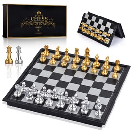 OkidSTEM Magnetic Travel Chess Set with Folding Games Board and 2 Extra Queens & Storage Bag for Kids and Adults (Gold & Silver)
