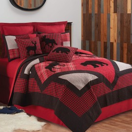 C&F Home Russell Pieced Lodge Cabin Buffalo Check Bear Deer Moose Full/Queen Machine Washable Reversible Queen Cotton Quilt Set Full/Queen 3 Piece Set Red