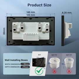 BSEED Double Socket 13A with 2 USB A and USB C 18W, Double Switched Socket 2 Gang UK Standard, Switched Outlet with Glass Panel, Electric Power Outlet Black