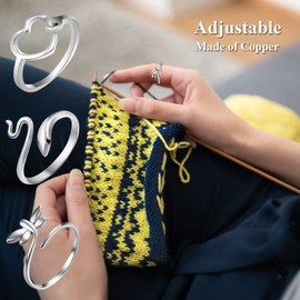 RechicGu 12 anillas ajustables para tejer con ganchillo, accesorios de ganchillo, guía de hilo, dedal, herramienta de corazón, gato, mariposa, serpiente, estilo pavo real, manualidades