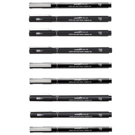 Uni Pin Fineliner Drawing Pens with Ink 0.05 to 0.8 - 9 Piece Set - Black