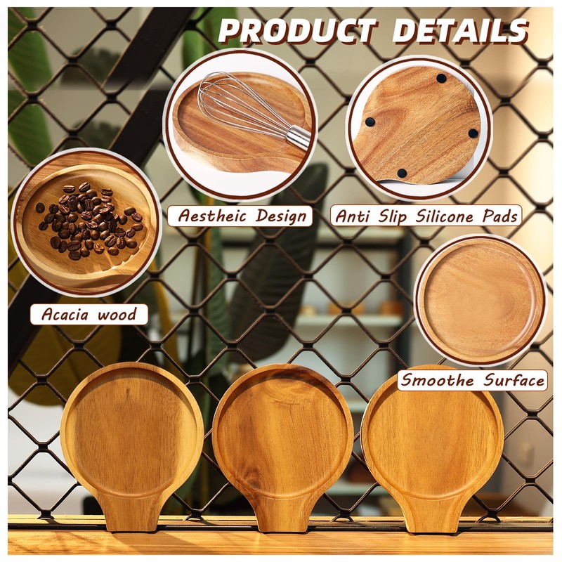 Acacia Wood Spoon Rest, Wooden Spoon Holder With Non Slip