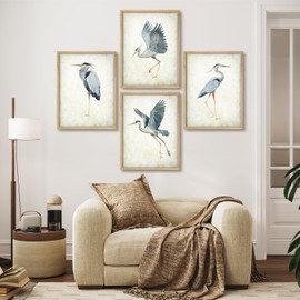SIGNWIN Framed Poster Set Watercolor Heron Bird Elegant Herons in Various Poses Illustrations Modern Art Decorative Minimalist Multicolor for Bedroom - 8"x10"x 4 Natural