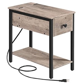 HOOBRO Side Table with Charging Station, Narrow Nightstand with Drawer & USB Ports & Power Outlets, End Table for Small Spaces, Living Room, Bedroom, Wood Look Accent Table, Greige and Black BG041BZ01
