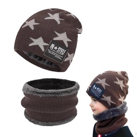 OUOQI Winter Warm Beanie Hat, Beanie Hat and Loop Tube Scarf with Fleece Lining, Winter Hat and Loop Scarf, Winter Hat and Scarf Set, Winter Beanie Hat Scarf, A brown