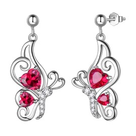 Red Butterfly Heart Studs Earrings Women 925 Sterling Silver Animal Butterflies Ruby Birthstone July Created Ruby Earring Stud Crystal Wedding Birthday Jewelry DE0251R