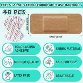 Gaillty 40 Pcs Extra Large Flexible Adhesive Bandages 5"x2" Fabric Bandages Latex Free Painless Removal with Non-Stick Pad for Protect Wounds Large Size for First Aid Wound Care and Dressings