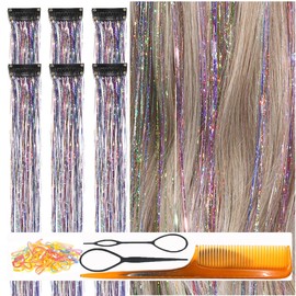 CelineBella Mixed Colors Rainbow Hair Tinsel Clip In Shiny Hair Extensions 80 Strands/Pcs Heat Resistant for Girls Christmas New Year Party