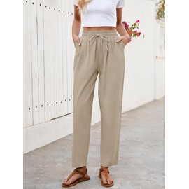 Puimentiua Women Linen Pants Lightweight Capri Pants with Lace Side Summer Casual Beach Drawstring Elastic Waist Trousers Khaki
