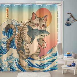 Funny Japanese Cat Shower Curtain Cute Fun Cool Cat Monster Shark Shower Curtains for Bathroom Vintage Ocean Waves Anime Kids Waterproof Fabric Bath Curtain Decor 72 X 72 Inches