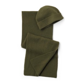 Fishers Finery Men's 100% Cashmere Ribbed Knit Hat and Scarf Set; Adjustable Cuff Beanie, Luxury Winter Gift Box (Olive)