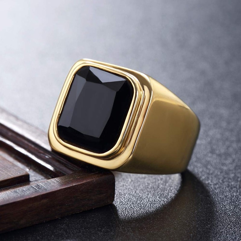 PMTIER Men's Stainless Steel Gold Plated Ring with Square Black
