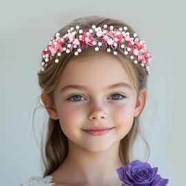 IYOU Elegant Wedding Headband Floral Red Headpiece Pearls Communion Hair Accessoris for Flower Girls