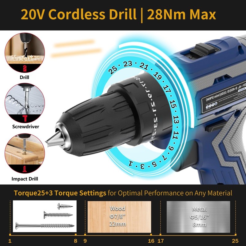 Aseboy Cordless Drill with Battery and Charger, 20V Drills for