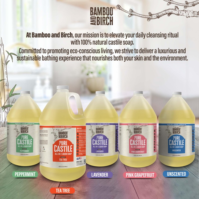 BAMBOO AND BIRCH Pure Castile Soap Liquid, Certified Palm Oil