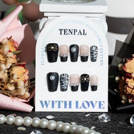 TENPAL French Tip Press on Nails Medium,Acrylic Black Nails Press ons,Handmade Fake Nails With Pearl Bow Pattern, Reusable Short Cute False Nails With Tools,10pcs/Box Glue on Nails,Small Size