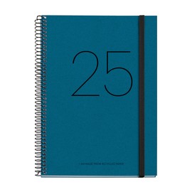 Miquelrius - 2025 Calendar Year Planner 155 x 213 mm Weekly Planner Recycled Card Cover 100gsm Closure Spanish English and Portuguese Recycled Paper Blue