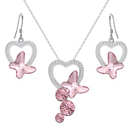 EleQueen 925 Sterling Silver CZ Butterfly Bridal Pendant Necklace Hook Earrings Set Pink Adorned with Crystals