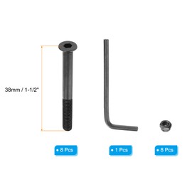 PATIKIL 38mm Skateboard Hardware Bolts 8 Sets Carbon Steel Track Mount Screw Bolt Nut Set with Right Angle Hex Wrench for Skateboard Cruiser Black