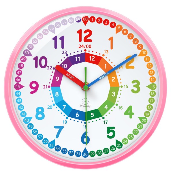 DreamSky Teaching Clock for Kids Learning to Tell Time - Silent Analog Clock for Kids Room Decor/Bedroom/Classroom/Playroom, 10 Inches Colorful Wall Clock Helps Kids Easier to Tell Time