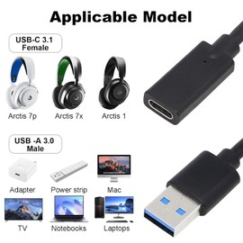 USB 3.0 Male to Type-C Female Charging Cable, Gaming Headset Audio Transmitter Adapter Compatible with SteelSeries Arctis 1/ 7X/ 7P Wireless Gaming Headset, Smartphone, Computer and more, 4.9ft