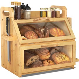 BAMBANG Extra Large Bread Box, Double Layer Bread Box for Homemade Bread, Bamboo Wooden Bread Storage Container with Tool Holder & Handles & Window, Assembly Required(14.9" x 11" x 15.3") Natural