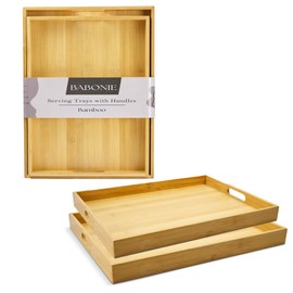 Bamboo Serving Trays with Handles Set of 2 - Portable Rectangular Trays for Serving Food, Serving, Decor & Storage, Suitable for Bedroom, Living Room, Kitchen, Restaurant, Outdoor & More