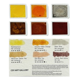 CSY art gallery Mineral Watercolor Paint Set Palette - 6 colors Half Pans, Handmade watercolors, Watercolour Supplies,(Paddy)