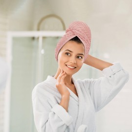 FAB-ON UK Hair Dry Towel Turban Style 100% Cotton Instant Drying Quick Absorbent Lightweight Button & Loop Closure One Size Hair Dry Cap For Curly Long Hair 60x20 CM