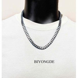BIYONGDE Men's Stainless Steel Blue-Tinted Silver Color Cuban Link Chain Necklace, 24 Inches, Punk Rock Cool Style