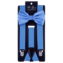 Tie G, juego de tirantes para hombre de color sólido + pajarita tejida sólida, soporte ajustable, clip fuerte, cuero, banda elástica, lazos de boda, Azul (Sky Blue), Reg